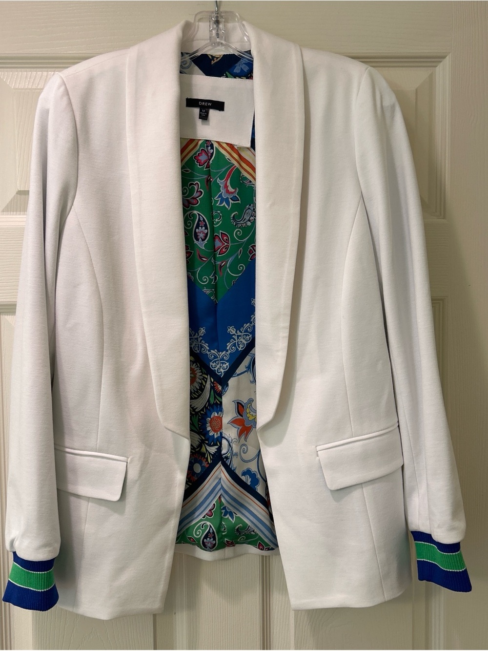 Drew White Open-Front Women's Blazer with Contrast Trim in blue and green